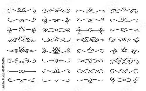 Vector graphic image displays a variety of elegant decorative borders and dividers with floral and heart designs