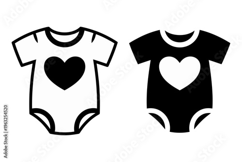 Vector of a black onesie with a white heart placed beside a white onesie with a black heart