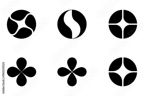 Set of six minimalist vector designs featuring symmetrical geometric shapes within circular frames