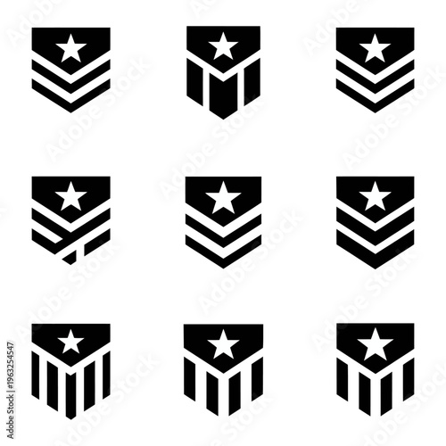 Vector displays a variety of chevron and star insignia designs used for ranking and identification