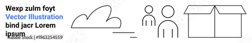 Cloud storage, teamwork, digital solutions, packaging, delivery, connections. Abstract icons of a cloud, two figures and a box. Cloud storage and teamwork for digital tools and services