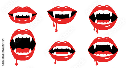 Vampire fangs red lips blood.