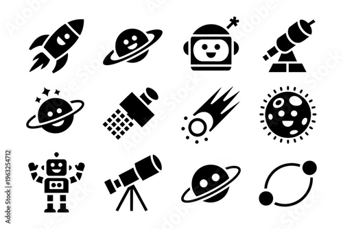 Collection of space-themed vector icons featuring planets rockets and telescopes in a playful design