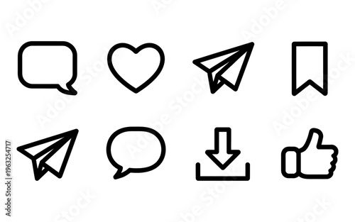 Vector featuring various social media and communication icons in a clean, minimalist design including speech bubbles, hearts, and thumbs-up signs