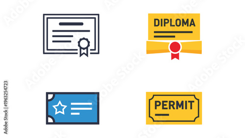 Icons representing various official documents and certifications