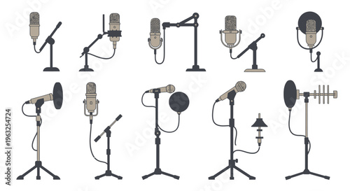 Various types of studio microphones displayed.