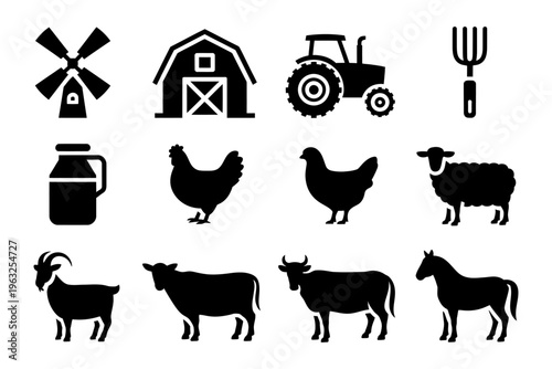 Vector of farm animals and equipment including a windmill, barn, tractor, chickens, and cows in a simple black design