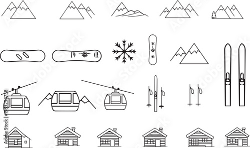 Winter Sports and Mountain Resort Minimalist Line Art Icon Set Vector