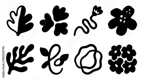 Collection of organic hand drawn black botanical leaf and flower shapes. Cute retro floral silhouette vector graphic elements for minimal design