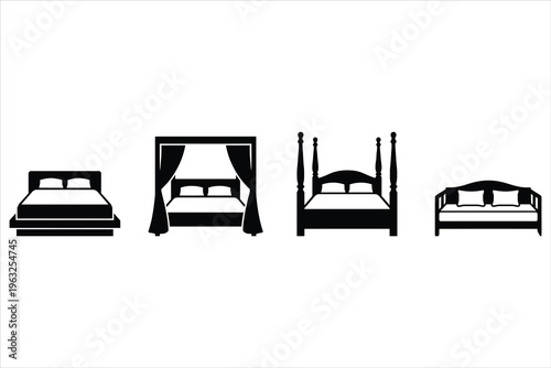 Minimalist bed icon set, black silhouette furniture collection with canopy and four poster beds, 4 vector bedroom elements for interior design