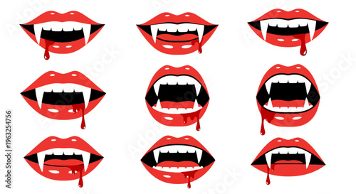 Vampire fangs red lips blood.