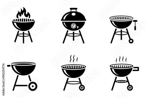 Collection of six vectors of different barbecue grills used for cooking outdoors