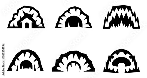 Vector showcasing six distinct cave or tunnel designs in