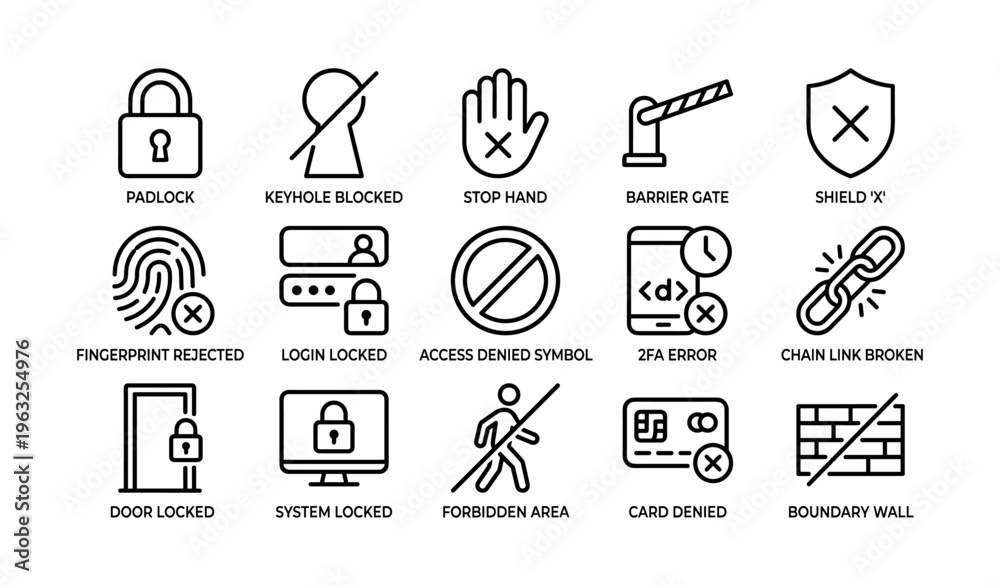 Fototapeta premium Security icons set with locks and symbolic barriers for access restriction