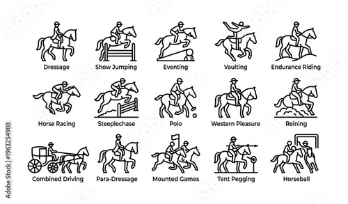 Equestrian sports icons: dressage, jumping, eventing, vaulting, racing