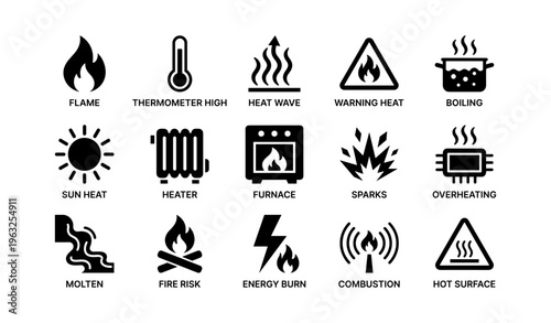 Set of 16 heat and fire hazard warning icons in vector design