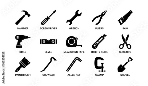 Silhouette icons of essential tools including hammer wrench saw drill scissors