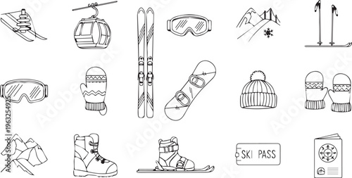 Winter Sports Equipment Hand Drawn Doodle Icons Set Vector Illustration