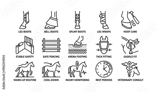 Equestrian care icons: leg protection, hoof care, arena safety, horse health