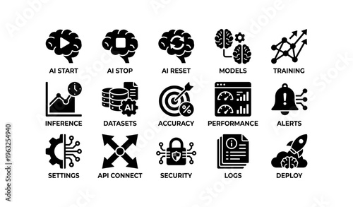 Ai interface icons: models, training, inference, security, deploy