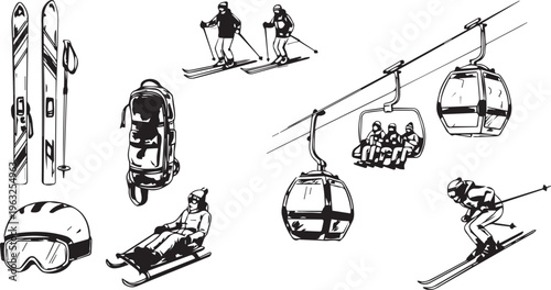 Skiing and Winter Sports Hand Drawn Sketch Icon Set Vector Illustration