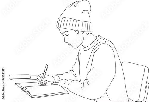 Boy writing, student desk, education illustration, kid with pen and paper, learning concept