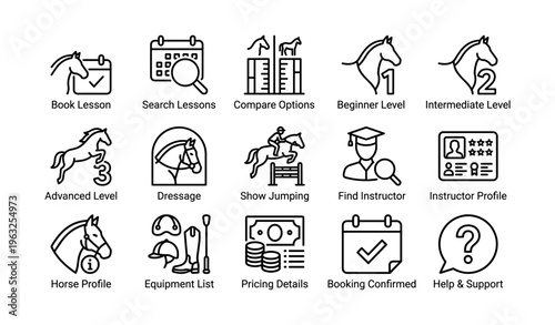 Equestrian lesson icons: beginner to advanced, dressage, jumping, instructor profiles