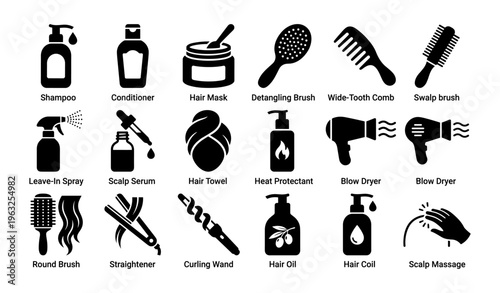 Hair care tools: shampoo, conditioner, brushes, styling products icons