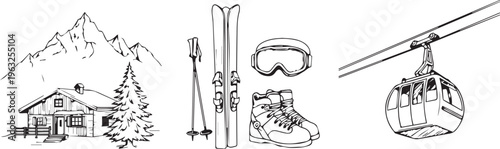 Skiing Winter Resort Hand Drawn Icons Set Vector Illustration Design