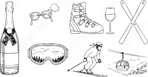 Skiing and Winter Sports Hand Drawn Line Art Icon Set Vector Illustration