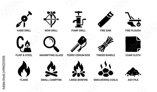 Essential survival tools icons: hand drill, fire plough, bow drill, and more