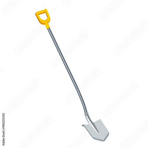 A bayonet shovel with a metal handle and a yellow grip on a white background. Vector illustration.