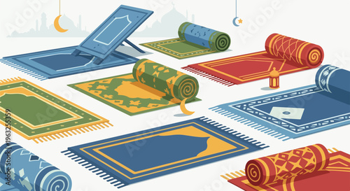 Illustration of several prayer rugs, crescent moons, and a lantern