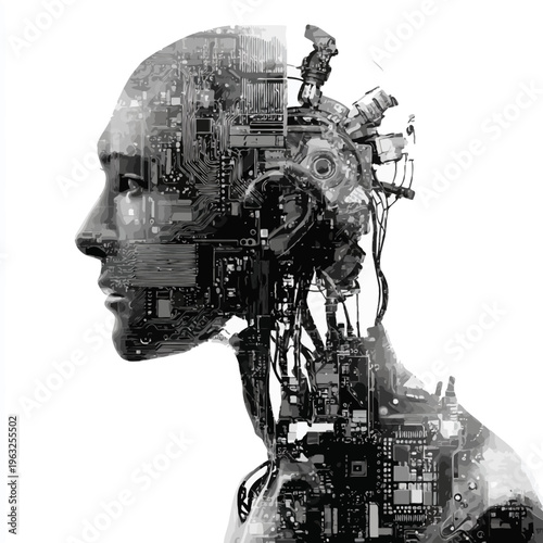 A futuristic human head with circuit boards and wires.
