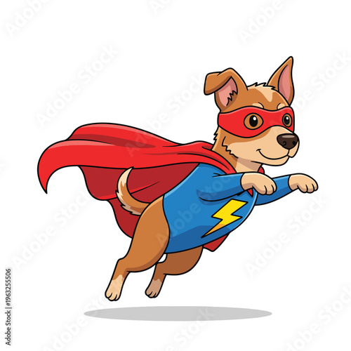 Cute superhero dog flying heroically, cartoon vector illustration on white background, pet character concept