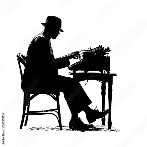 Silhouette of a man writing on vintage typewriter.
