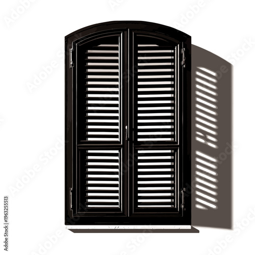 A black wooden shuttered door standing ajar.