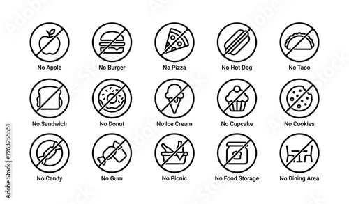 Prohibited food icons: no apple, burger, pizza, hot dog, taco, sandwich, and more