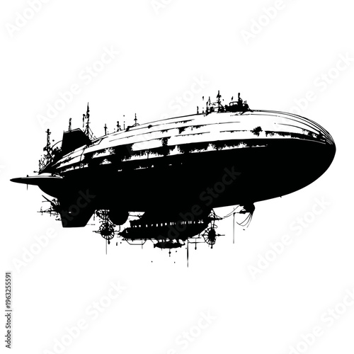 Vintage airship in black silhouette flying.