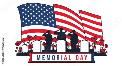 Illustration of soldiers saluting at a graveyard, American flag in background
