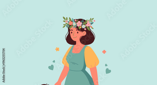Woman wearing flower crown smiling peacefully.