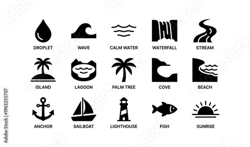 Set of nature and ocean symbols including waves and palm trees