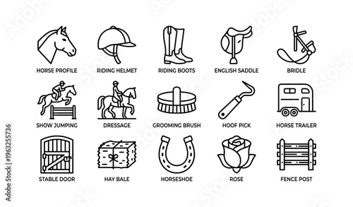 Equestrian equipment icons: horse, saddle, helmet, boots, trailer, horseshoe