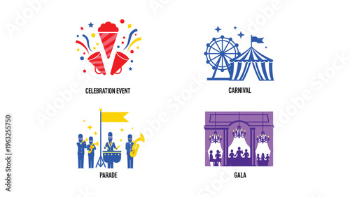 Illustrations depicting various celebration and festival themes with diverse cultural elements