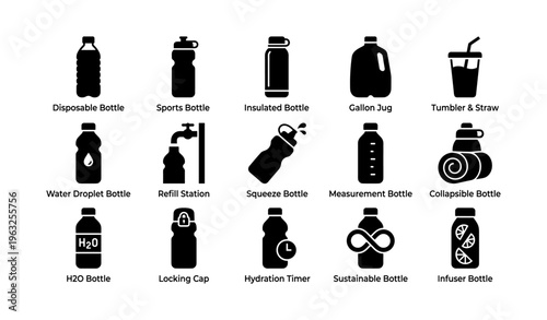 Icons of reusable water containers and accessories for hydration