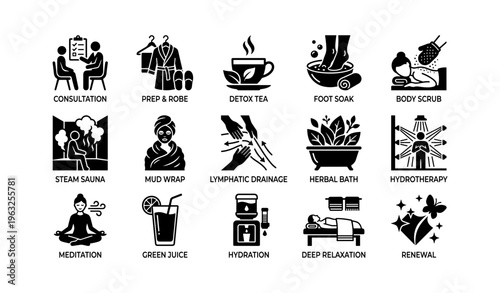 Spa and wellness icons illustrating relaxation techniques and treatments