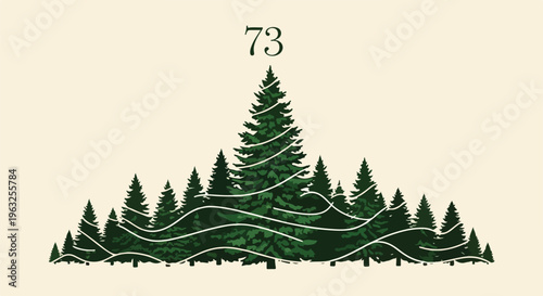 Illustration of stylized evergreen trees with the number 73 above