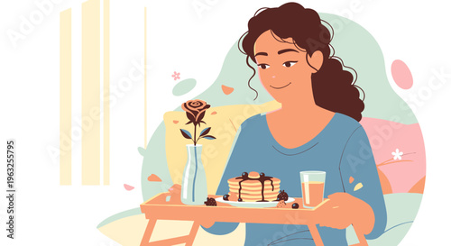 Woman enjoying breakfast in bed with cake.
