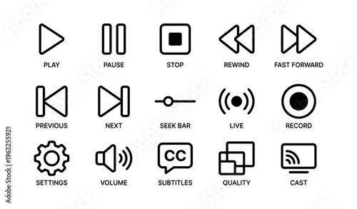 Media player icons set: play, pause, stop, rewind, fast forward, volume, subtitles