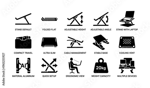 Adjustable laptop stand icons for ergonomic work setup